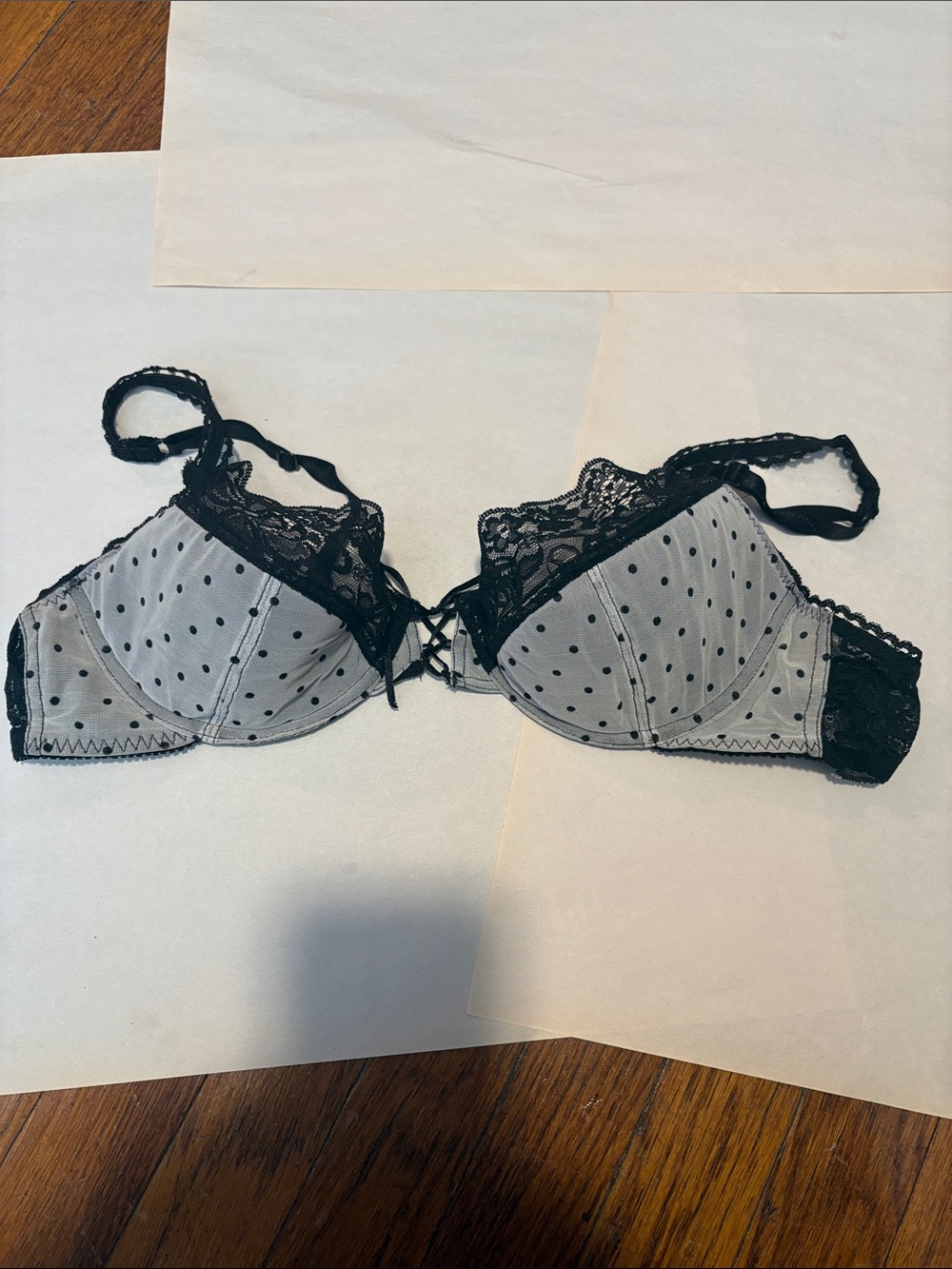 Vintage Retro Well Worn Black Lace and Polka Dot Bra with Laced-up Front